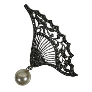 Sterling Silver Marcasite Fan Brooch Corsage Pin Pearl Dangle Deco Beauty USED